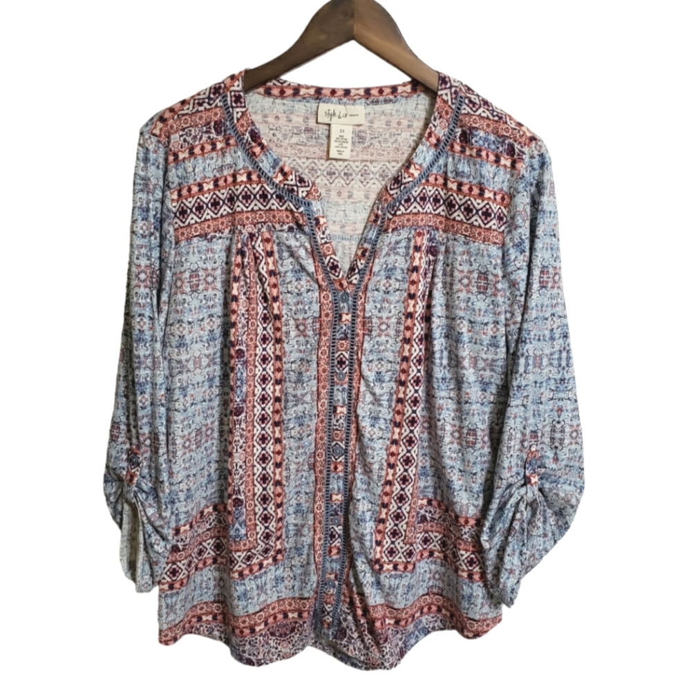 Style & Company Print Roll-tab Sleeve Button Front Shirt Top Women's 1X